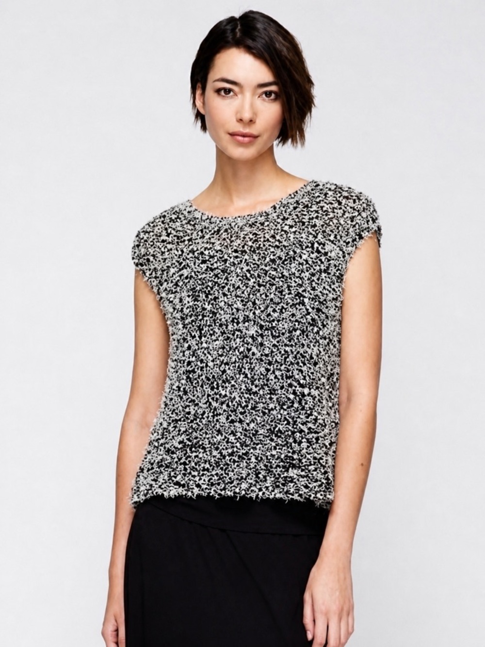 Eileen Fisher Lightweight Textured Knit Top Split Back Cap Sleeve L